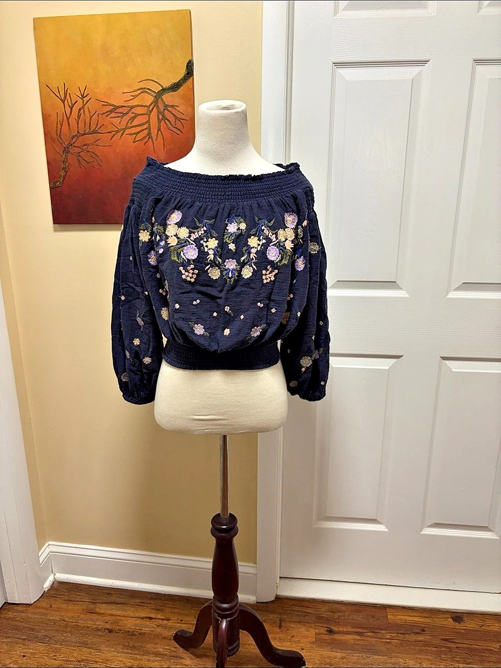 Free People To The Left Top Floral Embroidered Top Blue & Pink Small